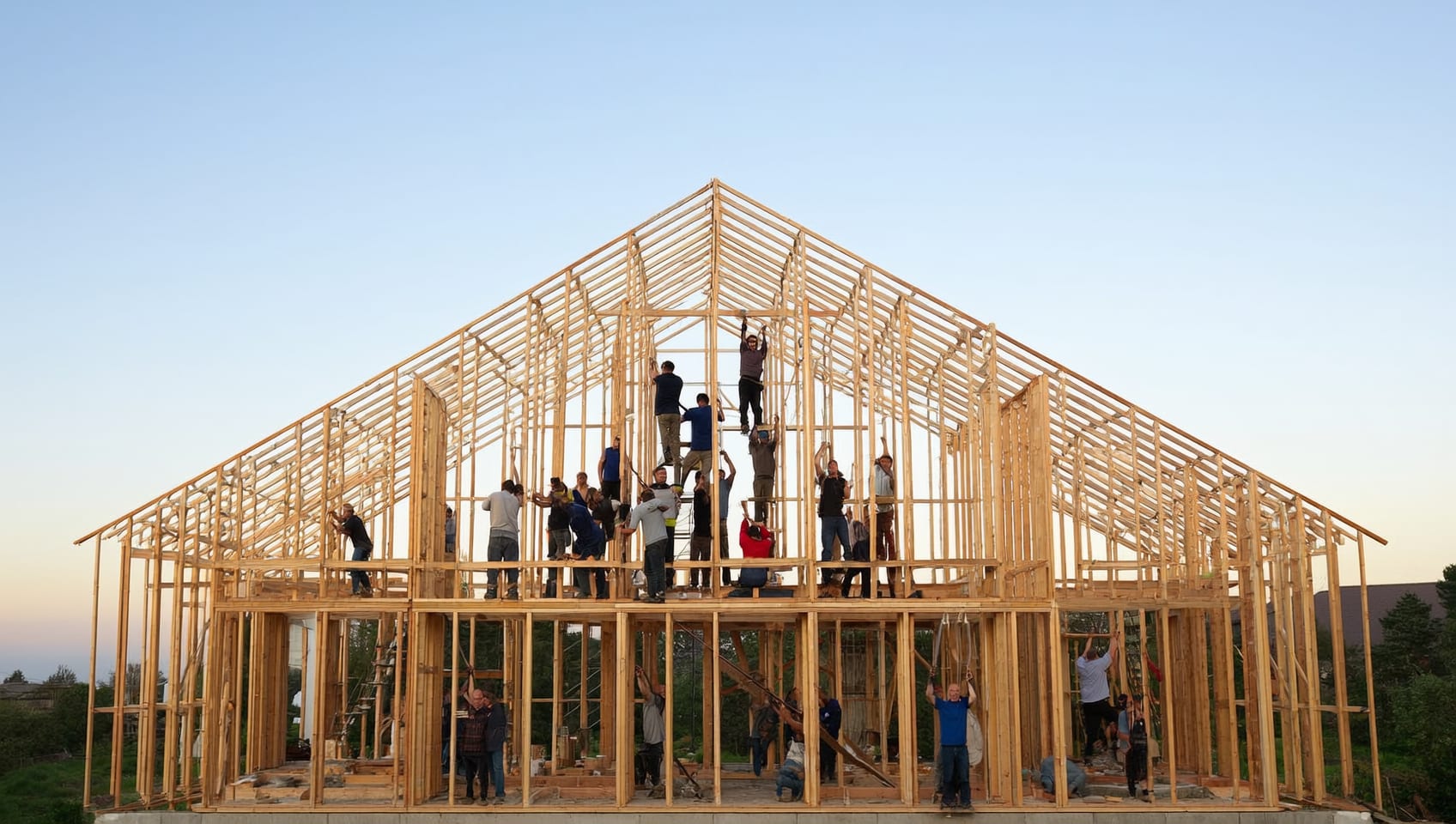 Framing crew raising an engineered beam against a clear sky