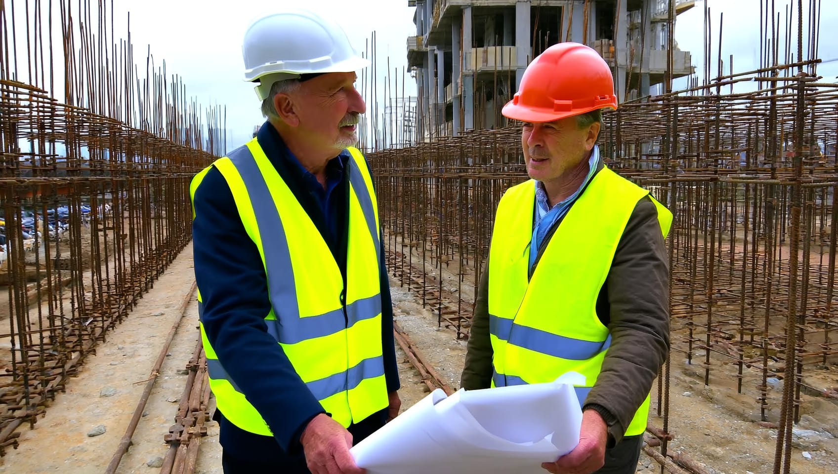 Construction professionals reviewing drawings together on an active concrete deck